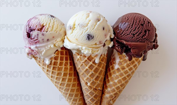 Neapolitan ice cream cones on white background AI generated