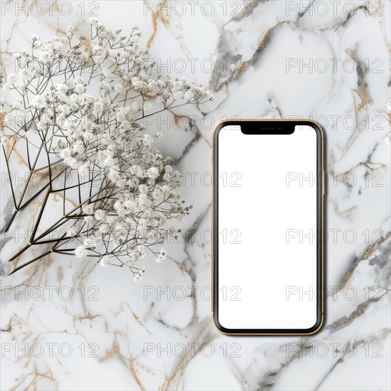 Smartphone mockup with a blank screen on a sleek marble background AI generated