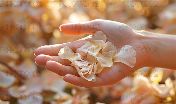 Woman's hand on white background with flower petals around AI generated