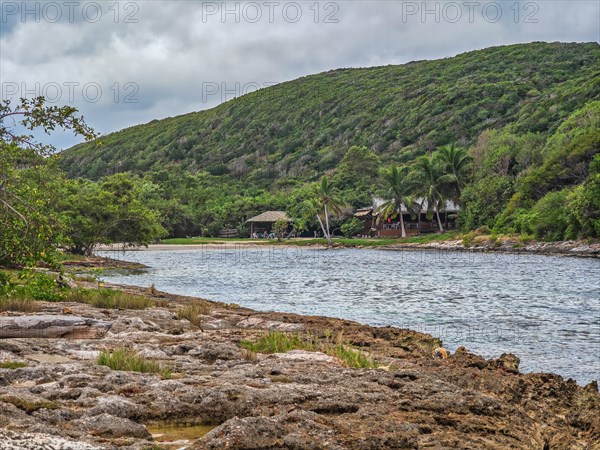 Rocky coast, long bay by the sea at sunset. Dangerous view of the Caribbean Sea. Tropical climate on a cloudy day in La Porte d'Enfer, Grande Terre, Guadeloupe, French Antilles, North America