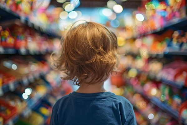 Back view of young boy child in toy store. KI generiert, generiert, AI generated