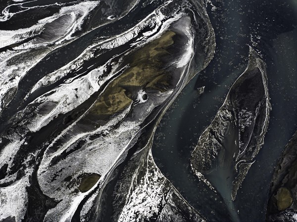 Overgrown river landscape, Eldhraun, near Kirkjubaejarklaustur, drone image, Sudurland, Iceland, Europe