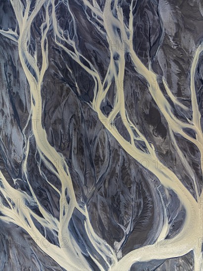 Overgrown river landscape, drone shot, Sudurland, Iceland, Europe