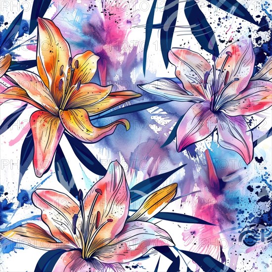 Seamless watercolor pattern with bold lily flowers and abstract strokes AI generated