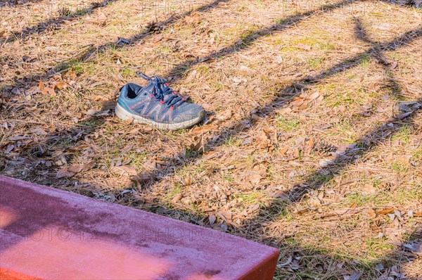 An abandoned shoe by a red picnic table on dry grass with distinct shadows from sunlight, in South Korea