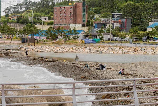 People fishing on a stone-lined riverbank with an urban background on an overcast day, in Ulsan, South Korea, Asia
