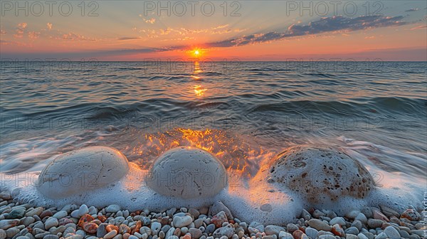 Sunset over a tranquil sea, waves washing over pebbles and foam on the beach, image depicting relaxation, recreation, serenity, naturalness, meditation, enjoyment concepts, AI generated