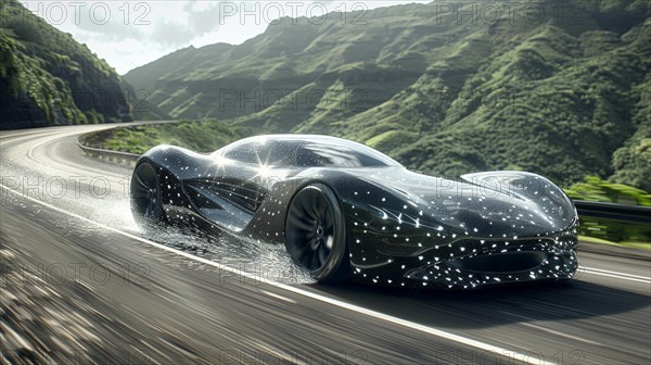 Futuristic hybrid hidrogen black concept car driving fast on a curvy road through green hills, AI generated
