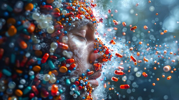 A surreal depiction of a face with vibrant colored pills and capsules floating around it, AI generated