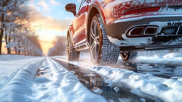 A red sports car on a snowy road with the warm hues of the sunset in the background creating a dynamic atmosphere, AI generated