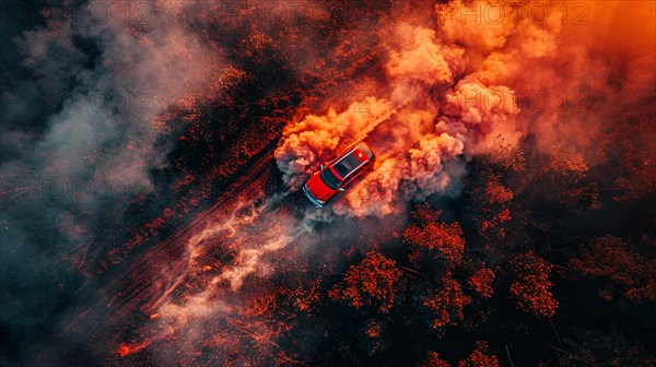Red sports car driving through a forest with surrounding smoke and fire, drone aerial view, AI generated
