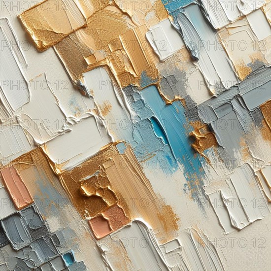 Dynamic abstract painting with textured gold and silver paint strokes, AI generated