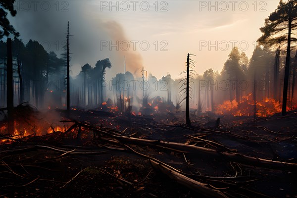 Dense forest pockets of trees charred from wildfires, AI generated