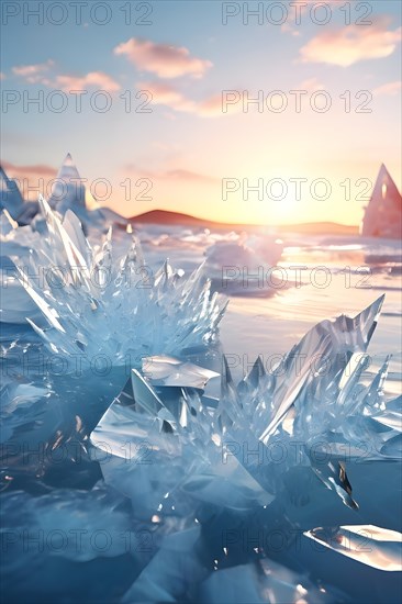 3d digital render capturing ice crystals in the midst of melting into a pool of water symbolizing global warmth, AI generated