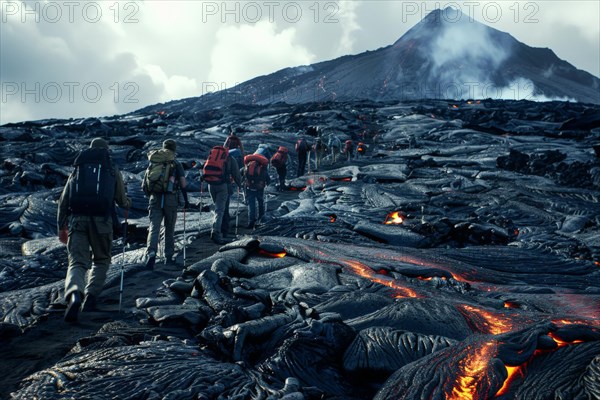 Tourists, hiking group, expedition, onlookers on the way to an active volcano, surrounded by hot, partially cooled lava flows, symbolic image for volcano tourism, disaster tourism, travel trends and the associated dangers, AI generated, AI generated, AI generated