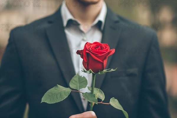 Man in elegant black suit holding romantic single red rose in front of dark studio background. KI generiert, generiert, AI generated