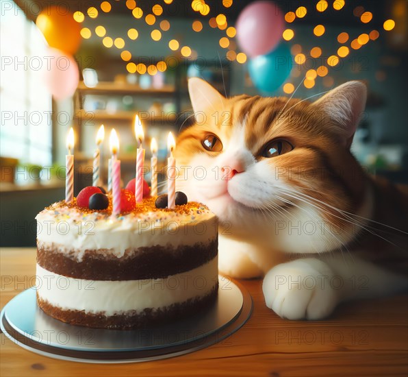 A cat congratulates you on your birthday with a birthday cake with candles, KI generiert, AI generated
