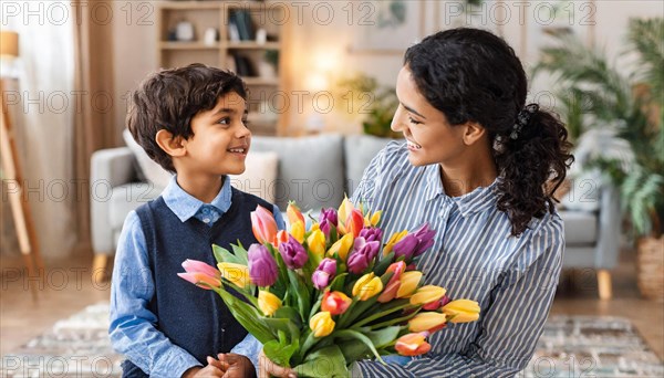 A woman and a boy smile at each other, the boy holds a bouquet of colourful tulips, AI generated, AI generated