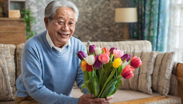 A smiling elderly man holds a colourful bouquet of tulips in a cosy living room, AI generated, AI generated