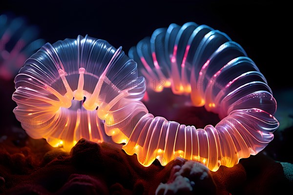 Bristle worms bioluminescent bodies floating in deep ocean, AI generated, deep sea, fish, squid, bioluminescent, glowing, light, water, ocean