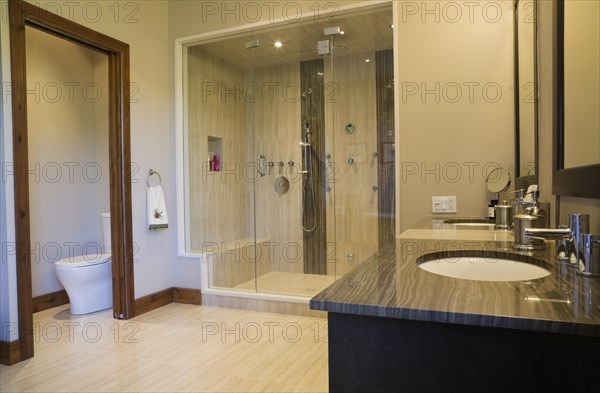 Main bathroom with double steam glass shower stall, vanity and toilet room in extension inside luxurious log cabin home, Quebec, Canada, North America