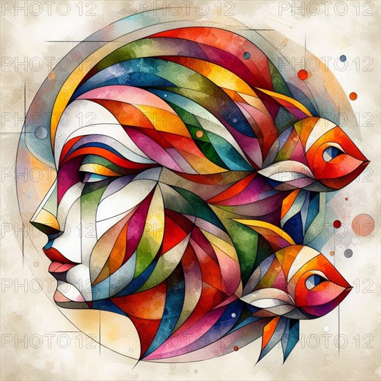Vibrant abstract painting of a woman's face with colorful carp fish motifs, 3d watercolor style, square aspect, AI generated