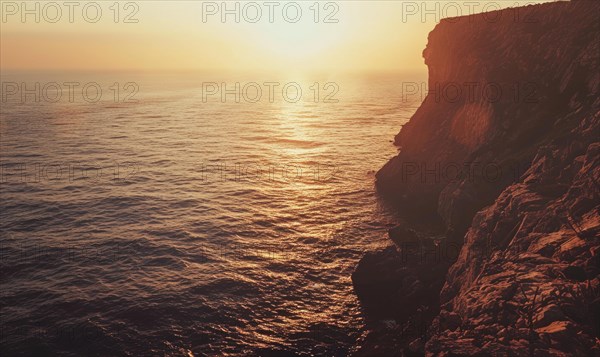 The sun casts a warm glare on the cliff face overlooking serene ocean waters AI generated
