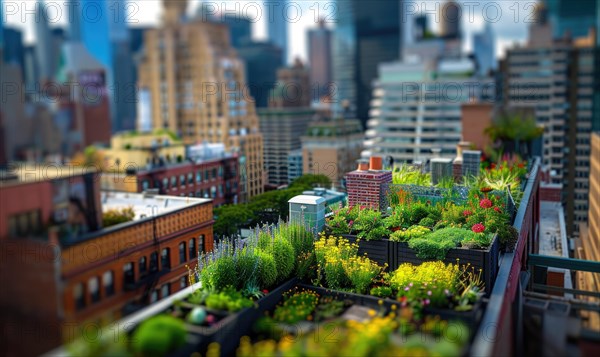 Lush rooftop garden in an urban setting with a miniature effect applied AI generated