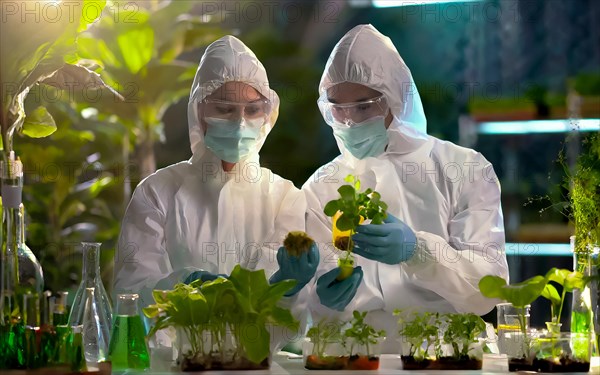 Biologists in protective suits grow vegetables in the lab, the concept of biotechnology, plant care and protection against diseases, organic food production, AI generated, AI generated