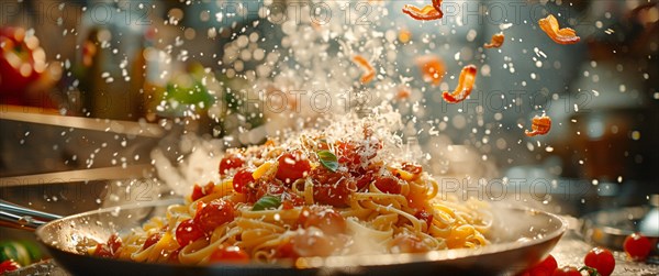 Pasta mid-air with sprinkled cheese and tomatoes creating a lively and appetizing scene, AI generated