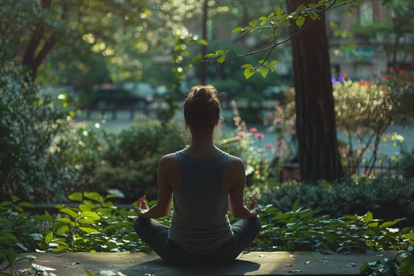 A woman in meditation pose in a tranquil park, surrounded by lush greenery, AI generated