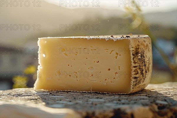 Aged cheese wheel basking in the warm glow of a sunset, AI generated