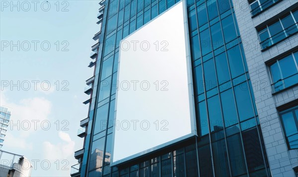 Blank screen banner mockup displayed on the modern building facade. Close Up view AI generated