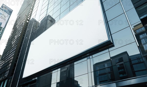 Blank screen banner mockup displayed on the modern building facade. Close Up view AI generated