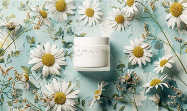 Cosmetic jar blank mockup placed on a serene watercolor chamomile background AI generated