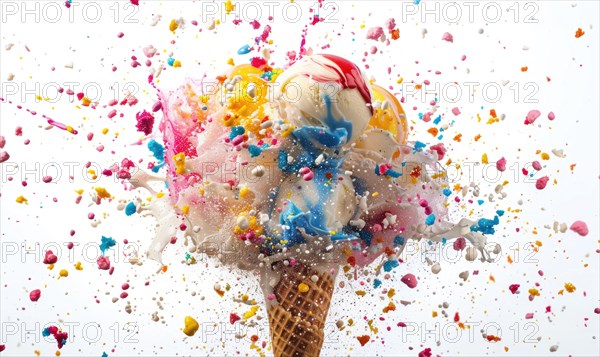 Ice cream cone explosion on white background AI generated