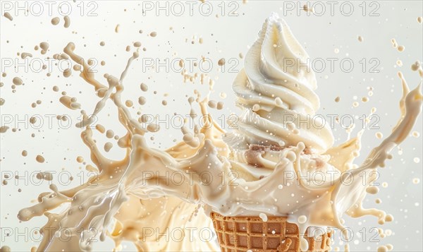 Ice cream cone explosion on white background AI generated