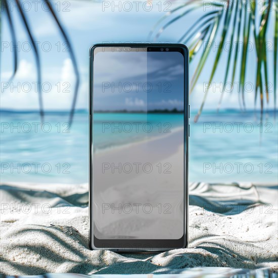 Smartphone mockup with a blank screen on a tranquil beach background, travel and tourism AI generated