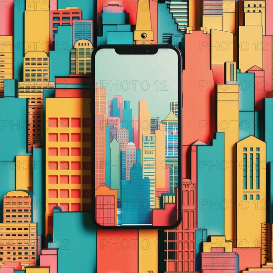 Smartphone mockup with a blank screen on a vibrant cityscape background AI generated