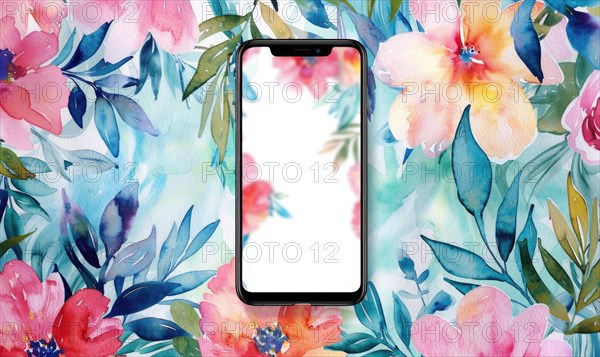 Smartphone with blank screen mockup on delicate watercolor floral seamless background AI generated