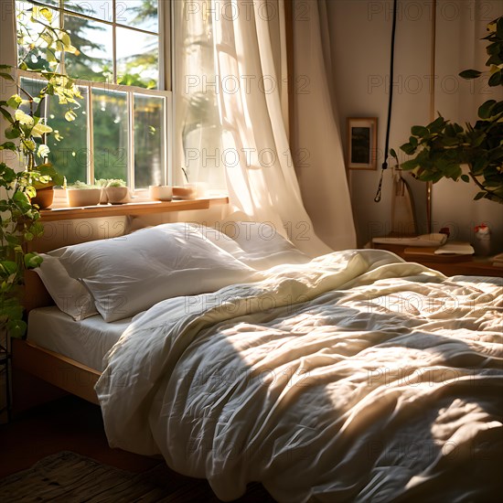 Imperfectly made bed in a sunlit room with rumpled sheets, AI generated