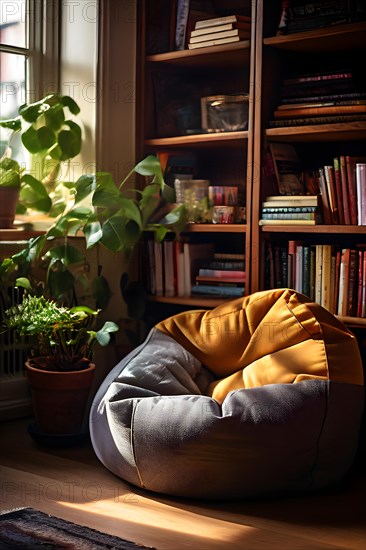 Bean bag chair nestled in a cozy reading corner, AI generated