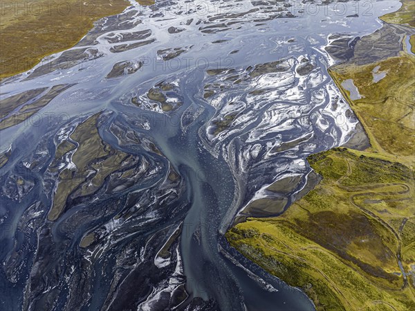 Overgrown river landscape, Eldhraun, near Kirkjubaejarklaustur, drone image, Sudurland, Iceland, Europe