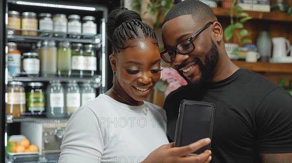 Happy couple interacting with a smartphone while shopping in a grocery store, AI generated