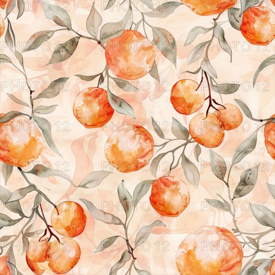 Watercolor seamless pattern with oranges and green leaves AI generated