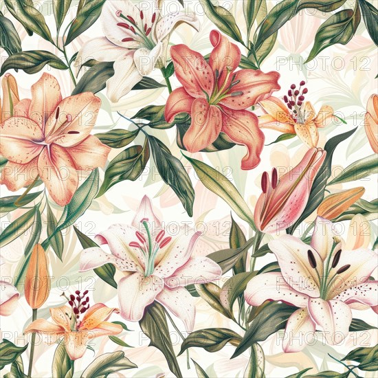 Seamless watercolor pattern featuring lily bouquets in a vintage-inspired design AI generated