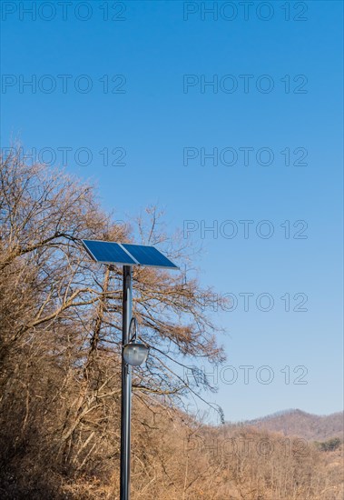 Small solar panel on top of chrome pole in front of leafless trees against blue sky in Buan, South Korea, Asia