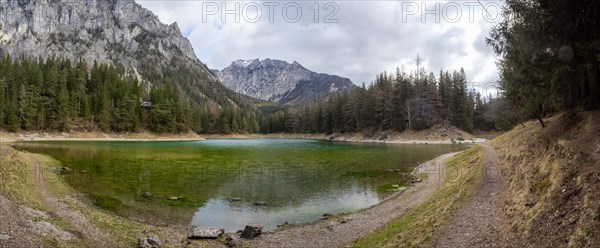 Green lake, cloudy sky, panoramic view, Tragoess, Styria, Austria, Europe