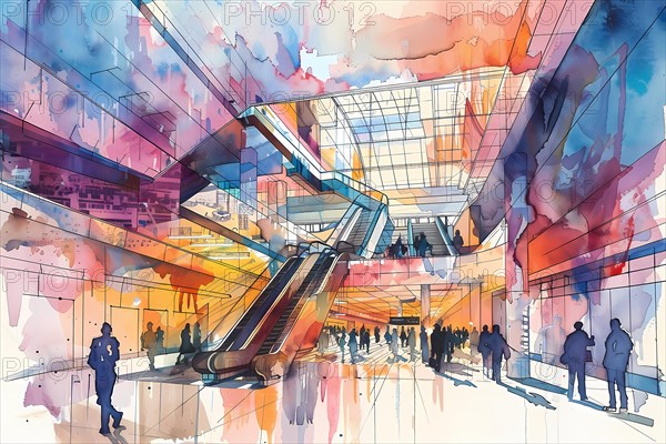 Watercolor illustration of a bustling shopping mall interior with crowds and a glass ceiling, AI generated