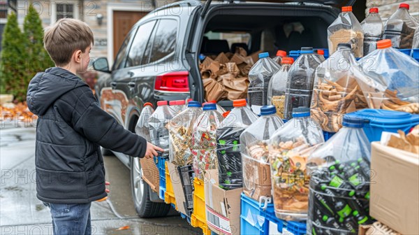 A young boy sorting recyclable materials into separate containers outdoors, family waste separation, reduction and recycling concept, AI generated